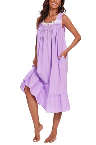 Image of AVIIER 100% Cotton Nightgowns for Women Sleeveless Sleep Dress Ladies Gowns Sleepwear with Pockets