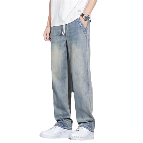 Men Summer Thin Fabric Retro Jeans Straight Denim Pants Elastic Waist Trousers Retro Blue 3XL