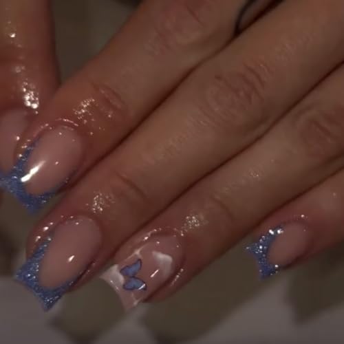 Image of Blue French Tip Press on Nails Glitter Fake Nails Medium Square False Nail