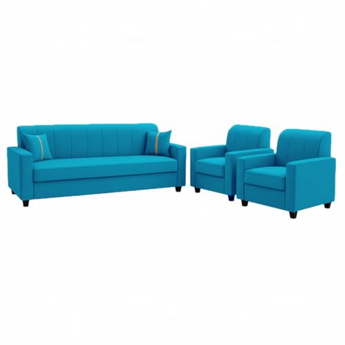 Image of FURNY Cosmos 5 Seater Fabric 3+1+1 Sofa Set (Aqua Blue) Premium Velvet Finish | Durable Comfort | Ideal for Living Room