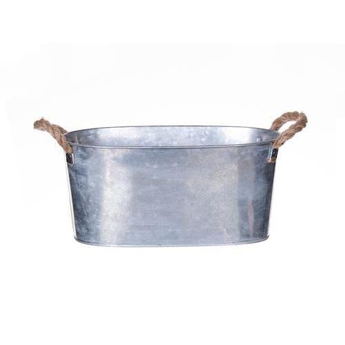 Floralcraft Jari Oval Zinc Planter Flower Pot Handmade Silver Bucket Plant Pot with Rope Handle (25x14xh12cm)