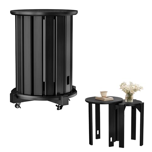 tekrabea Round Stackable Stools Set of 4, Wooden Nesting Chairs on Wheels, No Assembly Required Round Stacking Stool for Kitchen, Living Room, Bar, Dorm (Black)