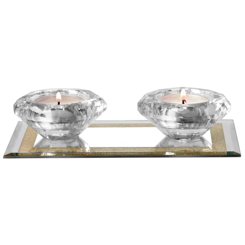 Crystal Tealight Candle Holder - Set Of 2 Tea Light Candle Holders Attached To A Glass Mirror Tray - Decorative Table Centerpiece For Tea Light And Votive Candles (Gold) #TOP9