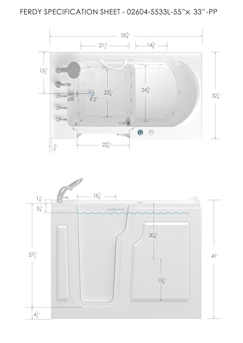 FerdY Floridian 55\" x 33\" Walk-in Whirlpool Bathtub with 16 Air SPA Jets and Left-Side Door Opening and Quick Fill and Drain System, Rectangular Soaking Jetted Bath Tub in White with LED Lights