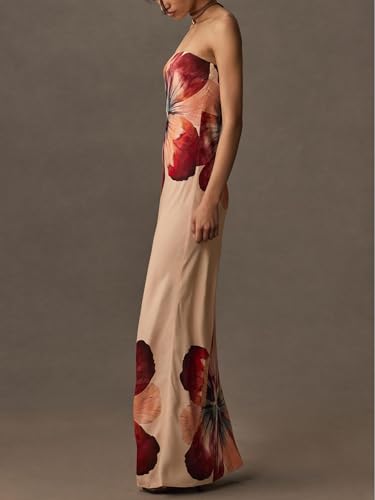 Image of Women Y2k Strapless Maxi Dress Floral Print Tube Long Dress Boho Beach Sundress Going Out Streetwear