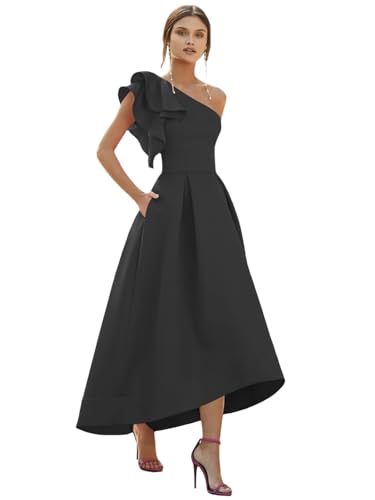 Modest Long Flowy Homecoming Dresses for Teens Fall High Low A Line One Shoulder Ruffle Satin Cocktail Dress