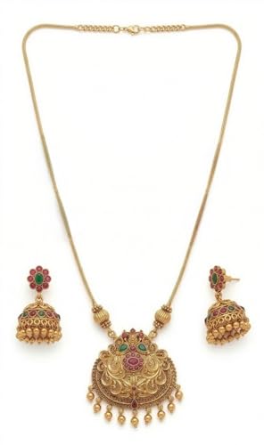 Image of South Indian Traditional Antique Matte Gold Finish Goddess Lakshmi & Peacock Motif Long Necklace Set with Jhumka Earrings for Women | Ethnic Temple Jewellery for Weddings, Brides & Festivals (Trendy)