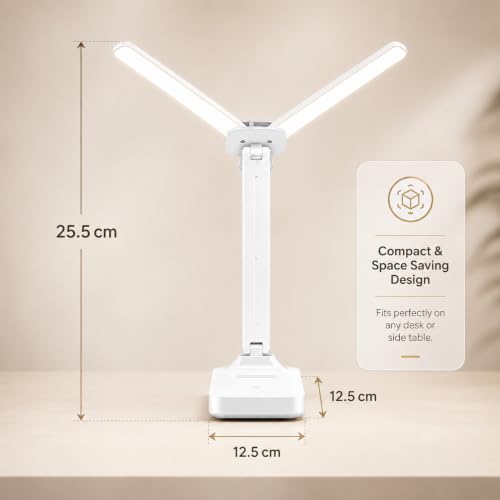 Image of One94Store Dual Head Rechargeable LED Table Lamp | 4.8W Power | 1200mAh Battery | Touch Control Dimmable Desk Light with Multiple Color Modes | USB Type-C Charging | 25.5 cm | White