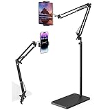 タブレットフロアスタンド、5kgの安定したベースとテーブルクランプを装備、高さ調節可能な伸縮アームは2つのスタンドを装備、iPhone、iPad Pro Air Mini、Galaxy Tab、Kindle、携帯電話（4.5～13インチ）に対応