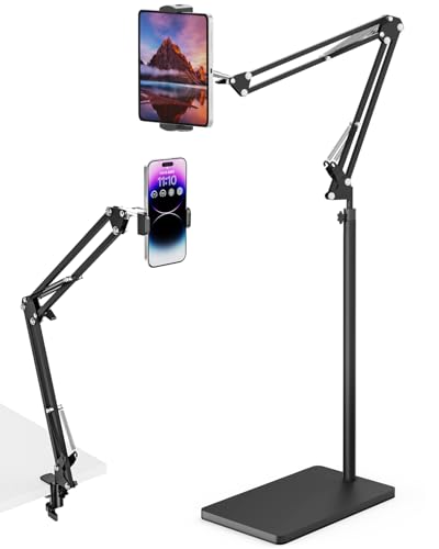 Soporte de suelo para tablet con base pesada de 5 kg y abrazadera de mesa, brazo extensible de altura ajustable, compatible con iPhone, iPad Pro/Air/Mini, Galaxy Tab, Kindle, teléfonos móviles (4,5 –