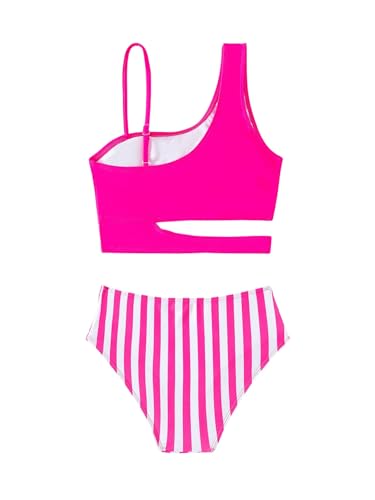 SHENHE Girl's 2 Piece One Shoulder High Waisted Cut Out Bikini Swimsuit Bathing Suit Striped Hot Pink 16 Years2