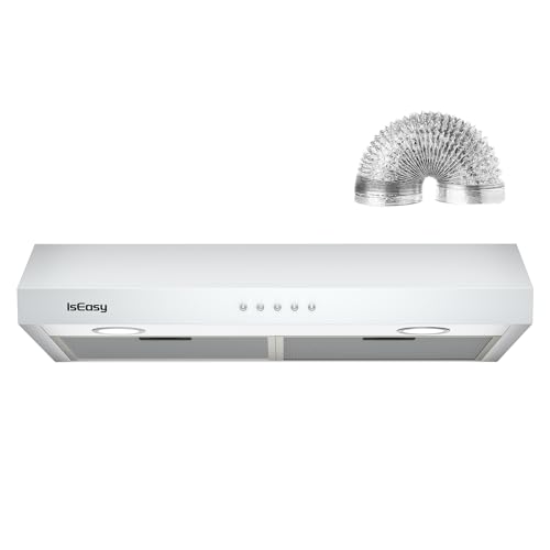 Under Cabinet Range Hood 30 Inch, Stainless Steel Kitchen Stove Vent Hood 3 Speed Exhaust Fan Button Control LED lights Dishwasher-Safe Aluminum Filters with Charcoal Filter