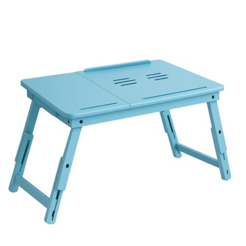 Image of Wooden Laptop Table Standard Adjustable Study Table with Laptop, Portable Lap Desk, Multifunctional Bed Table with Drawer and Folding Legs (Sky Blue)