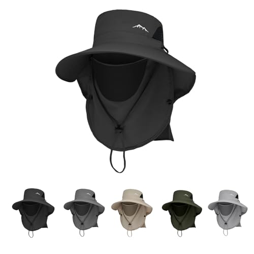 Image of Men's Quick Dry Packable Bucket Hat with Neck Flap Uv Protection UPF 50+ Sun Hat Wide Brim Boonie Hat with Chin Strap