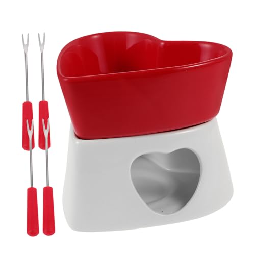 MAGICLULU 1 Set Chocolate Melting Pot: Heart Shape Butter Warmer for Desserts Cheese Milk Chocolate - Small Ceramic Fondue Pot and Forks for Party and Family Gatherings