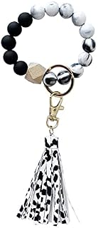 Silicone Key Ring With Leather Tassel Bracelet Wristlet Keychain Silicone Elastic Beaded Bangle Key Rings for Women Girls