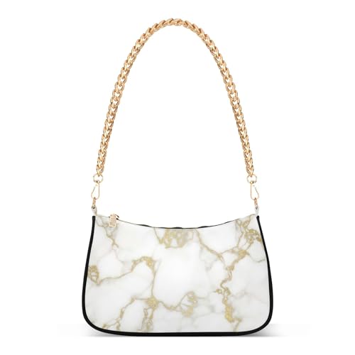 White Marble Texture Gold Veins Designer Handbags Womens One Shoulder Purses Zipper Party Dressy Purse Hobo with Chain Strap