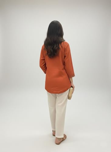 Image of Rust Women Rayon Top V Neck Embroidered Casual Ethnic Wear Stylish Comfortable Daily Office Party Top