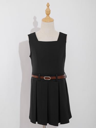 JEATHA Kids Girls School Uniform Jumper Dresses Summer Sleeveless V Back Solid Color Pleated Dress with Belt3