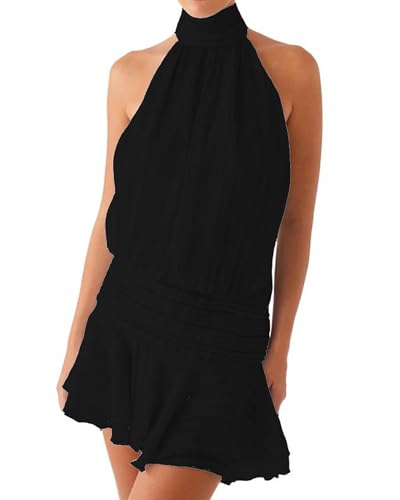 Acrawnni Y2K Mini-Kleid für Damen, Neckholder, plissiert, ärmellos, offener Rücken, A-Linie, geschichtet, Rüschen, kurzes Kleid, Chiffon,...