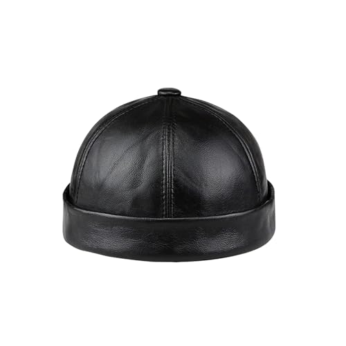 Men Genuine Leather Skullcap, Sailor Cap Hat,Rolled Cuff Vintage Brimless Cap,Genuine Leather Hat for Men Fashion,Black,L