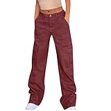 Jean cargo pour femme - Taille haute - Stretch - Coupe droite - Pantalon boyfriend - Pantalon de jogging baggy Y2K droit - Pantalon hiphop uni - Pantalon de loisirs, Bordeaux, L