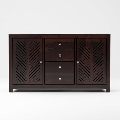 Image of Solid Sheesham Wood Wooden Chest of Drawers for Storage Sideboard Cabinet with 4 Drawers and 4 Shelf Storage for Living Room & Bedroom (Roger, Walnut Finish)