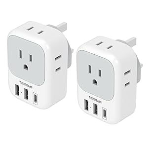 US to UK Plug Adapter 2 Pack, TESSAN Type G Travel Converter with 4 Outlets 3 USB Charger(1 USB C Port), Power Adaptor for USA to Ireland Scotland Dubai Hong Kong England British Kenya London