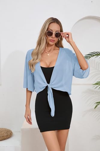 Image of TASAMO Women's 2026 Summer Lightweight Short Bolero Cardigan Shrug Sheer Tie Front Top 3 /4 Sleeve Jacket for Dress