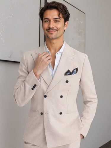 Mens Suits Linen 2 Piece Suit for Men Lightweight Double Breasted Slim Fit Suits Set for Summer Beach Wedding Prom4