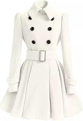 Abrigo de mujer de invierno de moda casual irregular Solapa de doble botonadura gruesa A-line guisante abrigo con cinturón Ligero abrigo de doble botonadura trinchera Slim fit (Blanco,XXL)