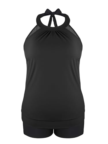 SOTHEA Women Plus Size Tankini Swimsuits with Shorts Tummy Control Two Piece Blouson Bathing Suits Halter High Neck Swimwear Black 18W