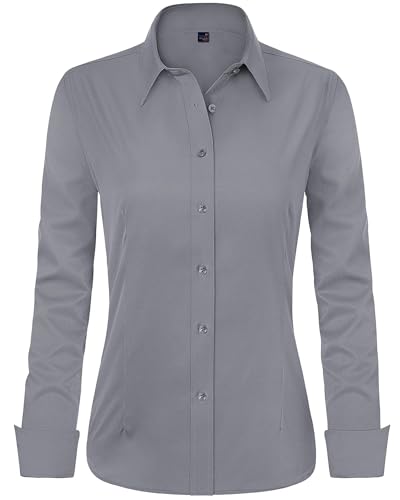 J.VER Womens Button Down Shirt Long Sleeve Business Casual Blouses Professional Dress Shirt Office Work Uniform Tops Grey XXL