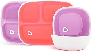 Munchkin Splash 4 Piece Toddler Divided Plate and Bowl Dining Set, Pink/Purple