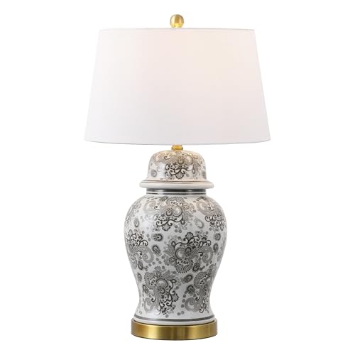 JONATHAN Y 29.5" Gray/White Ceramic Table Lamp for Living Room and Office, White Linen Drum Shade, Traditional Chinoiserie Ginger Jar Lamp, LED Bulb Included (JYL3008B)