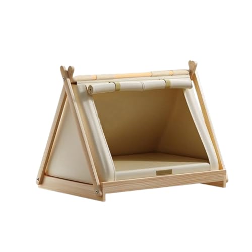 Sariny ペットハウス、木製ペットテント 、小型犬ベッド 、全天候型設計、組み立て簡単、防雨、防錆、通気性メッシュクッション、小型から大型の犬や猫に適しており、屋内/屋外庭に設置できます (テントベッド + 四季用マット)