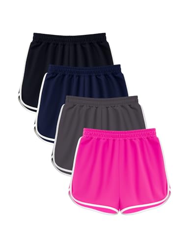 Rupy 4 Pack Girls Athletic Shorts Quick Dry Kids Active Dolphin Running Gym Shorts Lightweight Soccer Shorts (US Age 7 Years 8 Years BlackMidnight BlueDim GrayDeep Pink)
