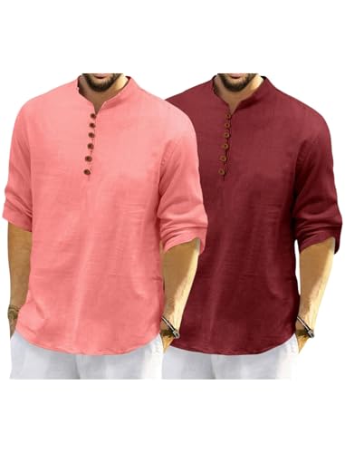 Image of Macsivo Men's Cotton Blend Kurta with Solid Band Collar Full Sleeve Button Closure Regular Fit Curved Hem Length | Kurta for Man | Combo Pack of 2