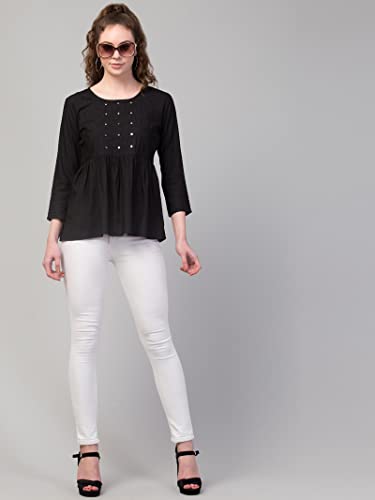 Image of FIMS - Fashion is my style Women Cotton Pleated & Gathered Embroidery Stone Full Sleeves Top Regular Fit Round Neck Tops for Girls
