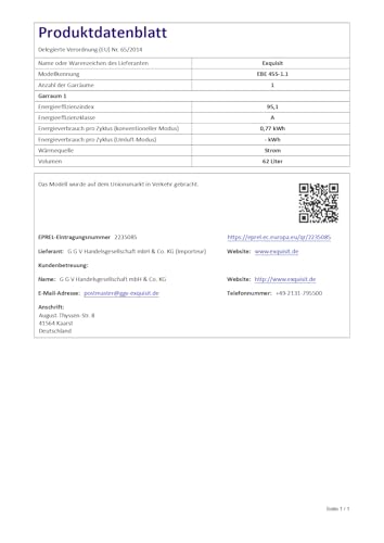 Exquisit Einbaubackofen | 62 l Garraum, Energieeffizienzklasse A, 2200 W Gesamtleistung | Ober- und Unterhitze, separate Oberhitze, Temperaturbereich 50–250 °C, Drehknopf-Bedienung | EBE 455-1.1