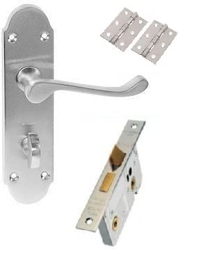Golden Grace Epsom Style Victorian Scroll Bathroom Door Handles on Shaped Backplate in Satin Brushed Chrome with Bathroom Mortise Lock Set & 1 Pair of 3" Hinges - 170mm x 40mm