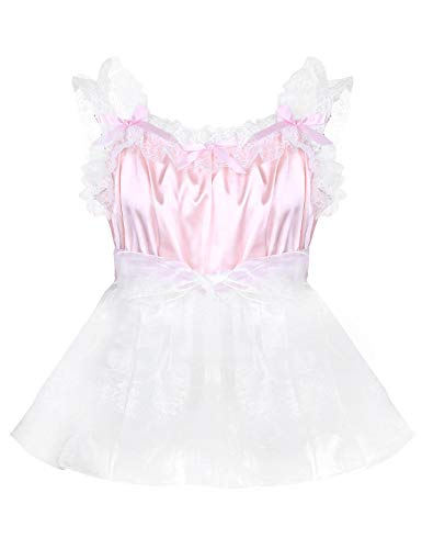 inlzdz Mens Sissy Satin Lace Babydoll Tulle Tutu Dress Crossdress Undervest Pajama Dress Nightwear Pink Large