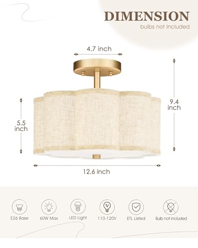 Image of Gold Semi Flush Mount Ceiling Lights, 3-Light 12.5 inch Light Fixtures Ceiling Mount with Linen Fabric Drum Shade in Flower Shape for Nursery Hallway Bedroom Kitchen, AD-22007-3SF-GD-B