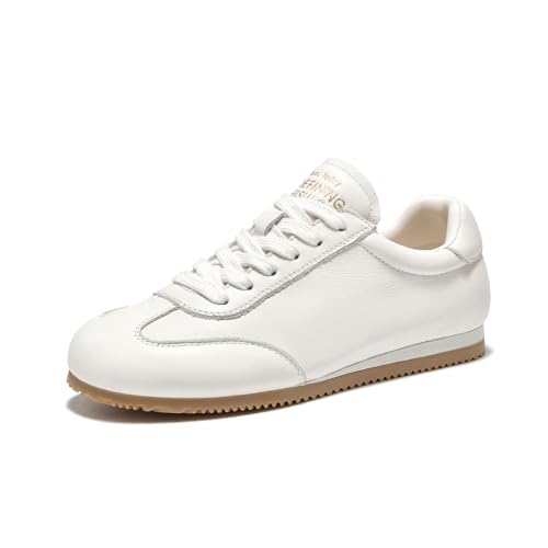 BEAU TODAY Womens White Sneakers, Fashion White Flats Women, Leather Sneaker Comfortable Slip On Casual Shoes for Travel Tennis Walking