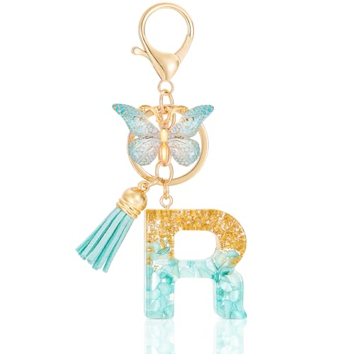 MWOOT Letter Keychains Llavero con Inicial,Lámina de Oro de Resina Keyrings con Mariposa Borla Colgante,Verde Moda Alfabeto Llavero Encanto para Mujeres Monedero Equipaje Bolsos Colgante(R)
