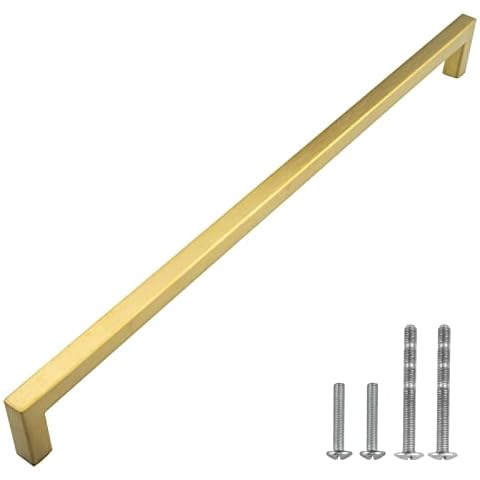 Modket 1 Pack Euro Square Cabinet Handle 304 Stainless Steel — 10-1/2" Overall Length, 10-1/8" (256mm) Hole Centers, Brushed Satin Brass Gold Cover
