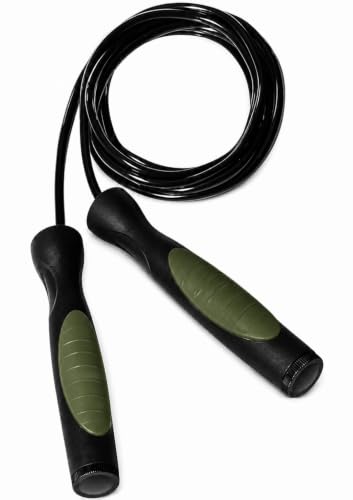 Image of Worldwide Adjustable Skipping Rope | 275 cm PVC Rope | Double Colour | Ball Bearing | Soft TPR Grip | Premium Plastic Handles | Fitness Jump Rope for Men, Women & Kids (Army Black)