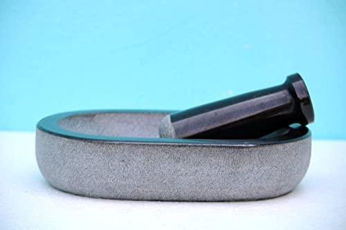 MYNAKSHA Pure Granite Stone Mortar and Pestle Set, Kalvam,kharad, Masher Spice Mixer/Okhli and musle/Kharal for Kitchen and medicine making (9.5 * 6 inch)