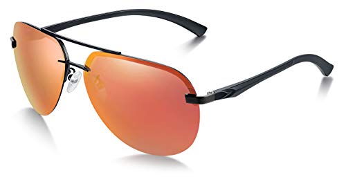 WHCREAT Gafas de Sol Polarizadas Estilo Piloto para Hombres con Marco de Aleación de Metal Ultraligero, Protección 100% UV400 (Marco Negro - Lente Naranja Espejada)