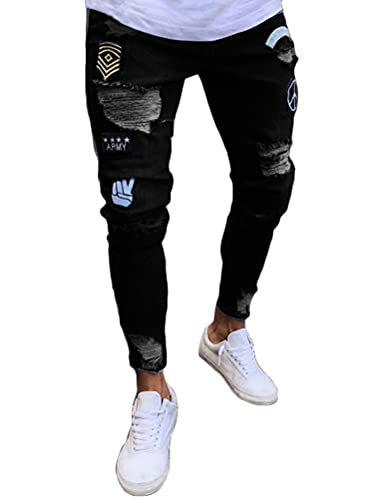 ORANDESIGNE Hombres Jeans Ajustados Pantalones Vaqueros Rasgados Pitillo Slim Fit Skinny Pantalone Casuales Elasticos Agujero Pantalón Personalidad Jeans de Insignia A Negro 3XL